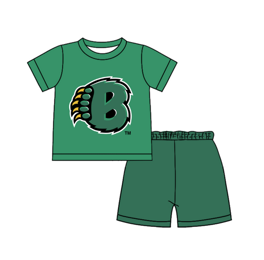 Custom moq 5 mix size milk silk summer teams Baby Boy's Green Short-Sleeved O-Neck Top And solid color Shorts Set