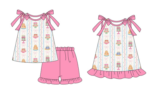 25.12.13 custom each style moq 5 eta 6-8week Sibling Sister cake bow baby short sleeve shorts sets and dress match design