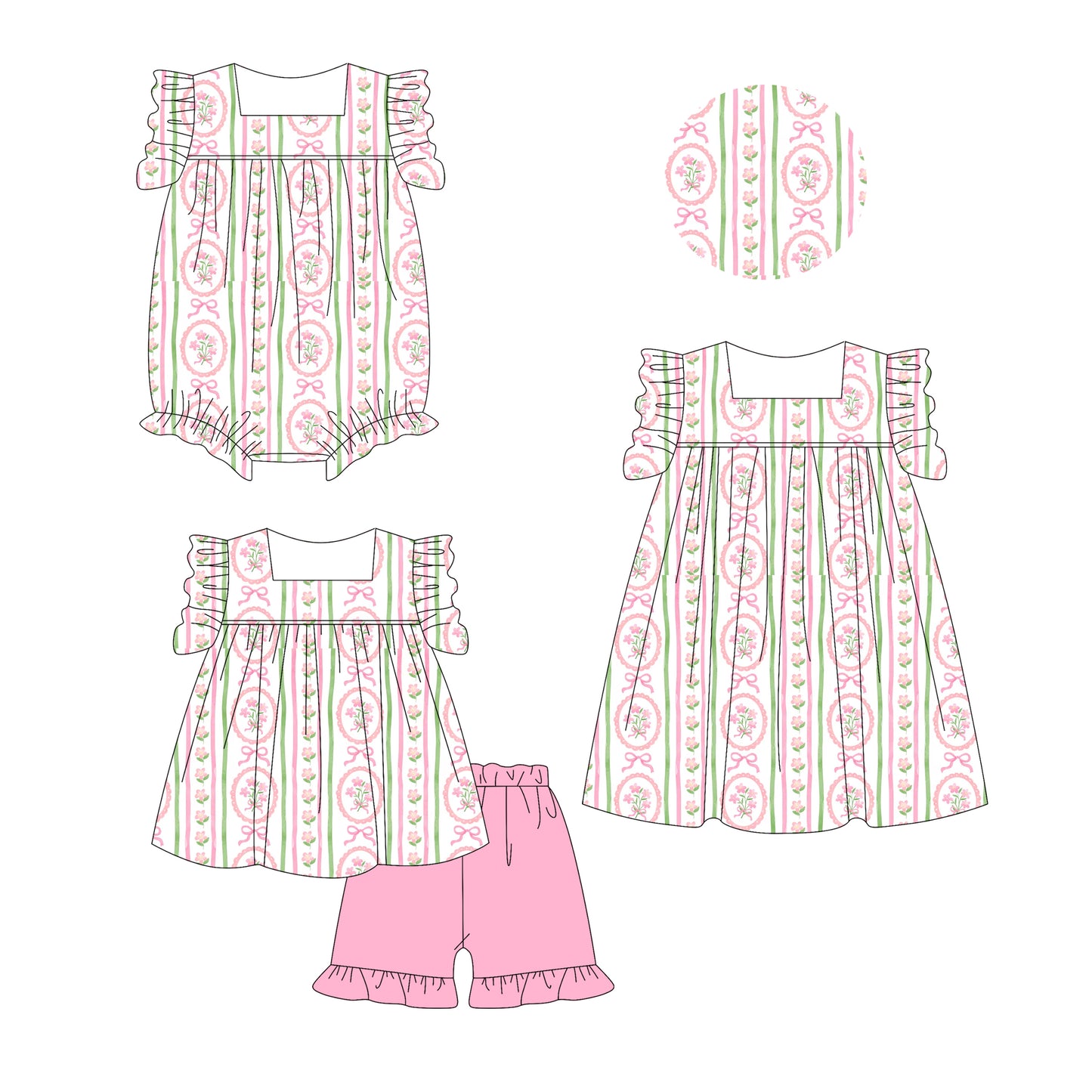 2.28 custom each style moq 5eta 4-6week Sibling Sister bow floral baby girl short sleeve shorts sets and dress and rompers match family design