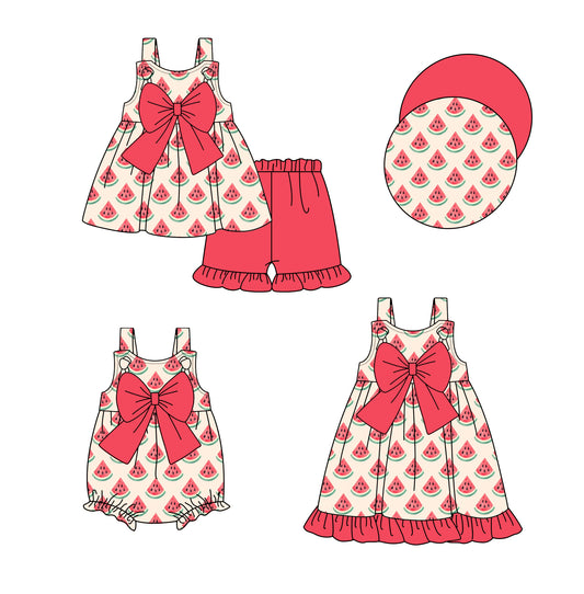 4.15 custom each style moq 5eta 4-6week Sibling Sisters watermelon baby girl short sleeve shorts sets and dress and rompers match family design