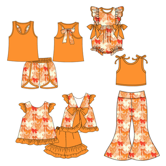 5.5 custom each style moq 5eta 4-6week Sibling Sisters bow baby girl short sleeve shorts sets 1 and sets 2 and pants sets and rompers match family design