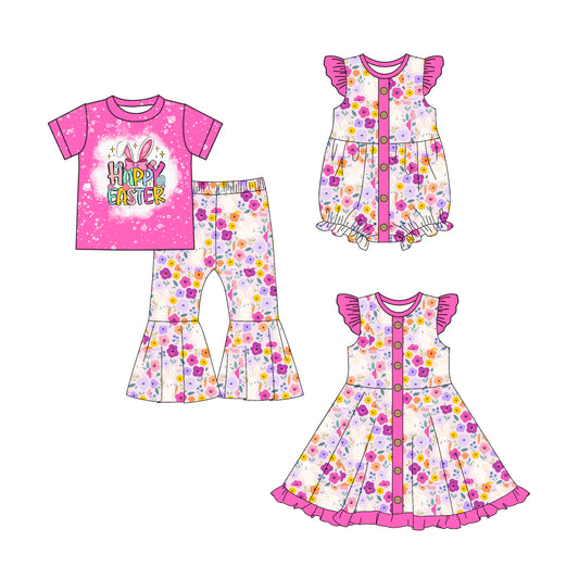 25.10.1 custom each style moq 8 eta 6-8week Sibling Sisters easter bunny baby girl short sleeve pants sets and dress and rompers match family design