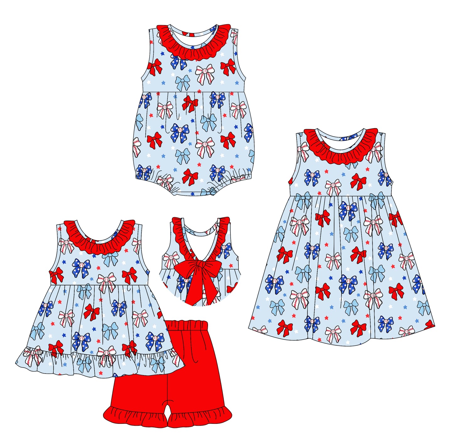 3.1 custom each style moq 5eta 4-6week Sibling Sister bow baby girl short sleeve shorts sets and dress and rompers match family design