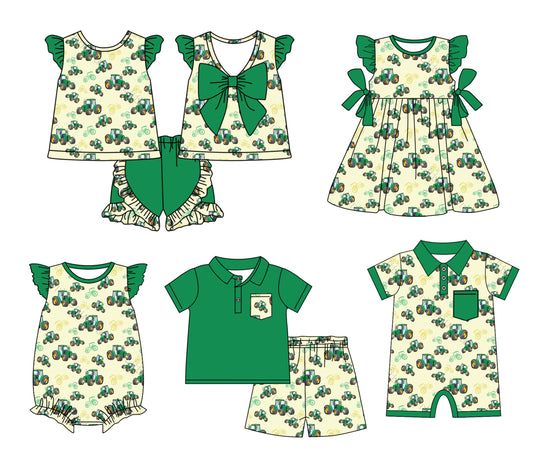 12.17 custom each style moq 5eta 4-6week Sibling Sister tractor baby girl short sleeve shorts sets and sets 2 and girls romper and boy romper and dress match design