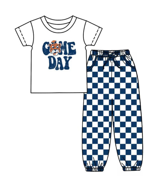Custom summer teams baby boy clothes team GAME DAY blue plaid short sleeve pants sets-25.8.29