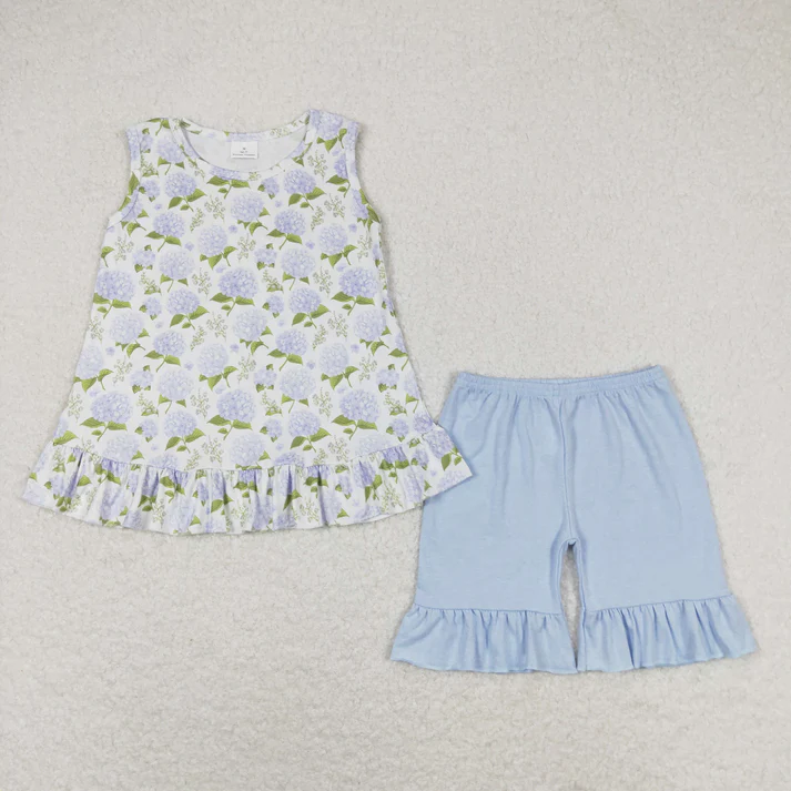 RTS Baby Girls Blue Flowers Sibling Sister Dresses Clothes Sets