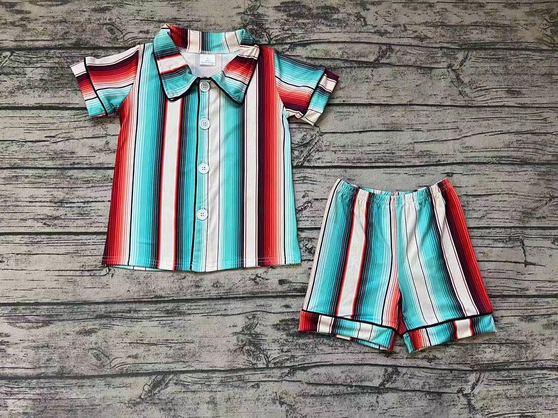 Orange and Green Stripe Short Sleeve Shorts Set