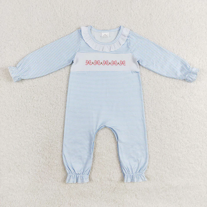 RTS NO MOQ Bow embroidery striped skirt and romper Blue Stripes Bows Sibling Sister