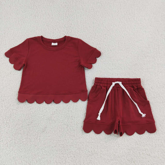 NEW RTS NO MOQ cotton GSSO3778 Baby Girls Maroon Short Sleeve Top Scallop Hem Shorts Two Piece Casual Clothes Set