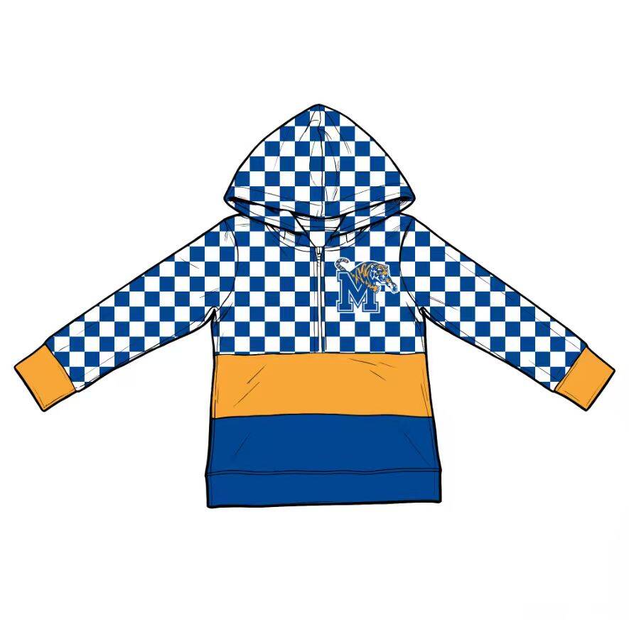 Custom moq 5 mix size summer teams Baby Boys Blue Plaid Print Long Sleeve Zip Up Hooded Casual Top
