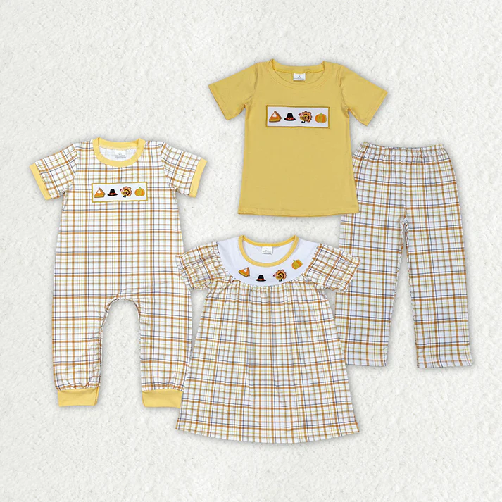 RTS NO MOQ Embroidered Thanksgiving Turkey Sibling Boys Rompers Outfits Sets Embroidered Thanksgiving Turkey