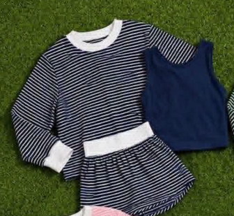 custom moq 5 mix size AATY01 Baby Girls Stripe Three Piece Outfit Set Long Sleeve Crew Neck Top Solid Tank Top And Stripe Skirt Casual Matching Set