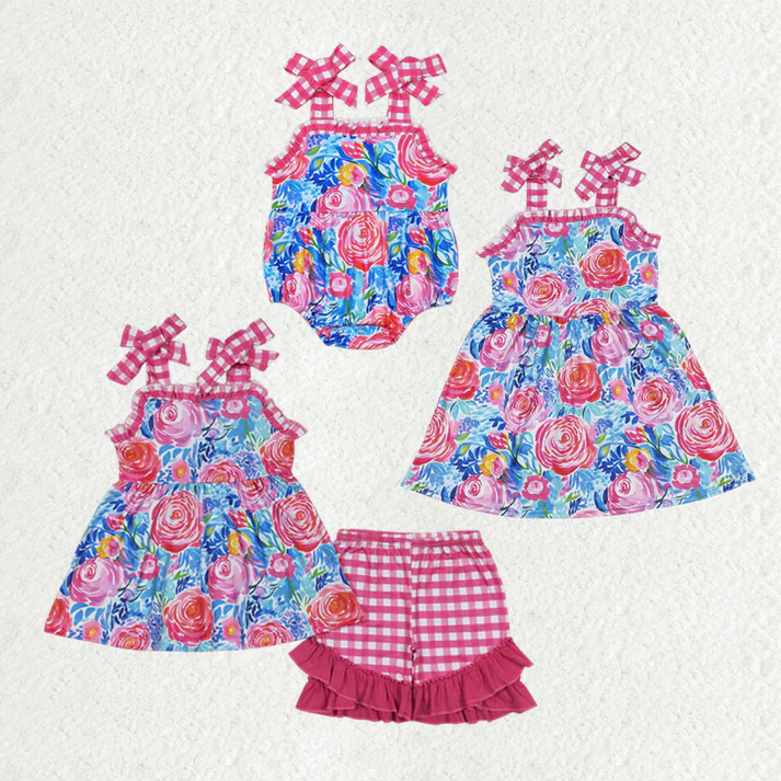 RTS NO MOQ Baby Girls Pink Flowers Straps Sibling Summer Dresses Rompers Clothes Sets