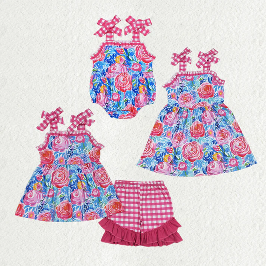 RTS NO MOQ Baby Girls Pink Flowers Straps Sibling Summer Dresses Rompers Clothes Sets