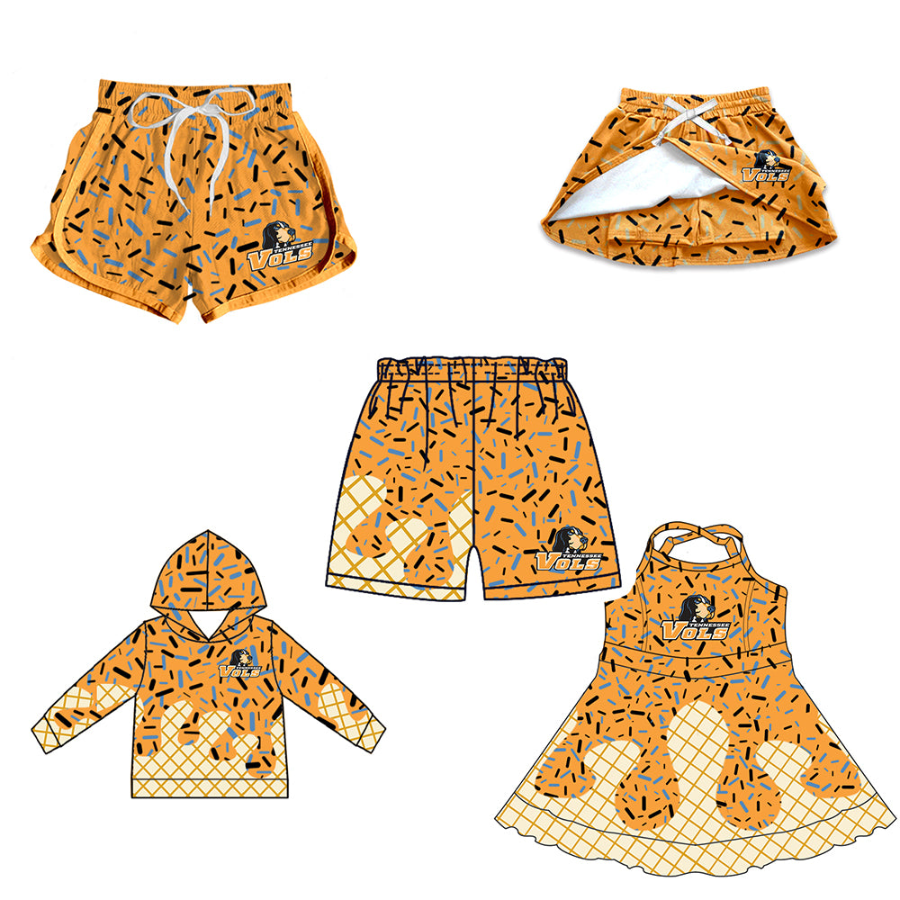 Custom moq 5 mix size milk silk baby girls clothes team orange hooded long sleeve tops and skirt and dress and shorts 1 and shorts 2-25.7.3