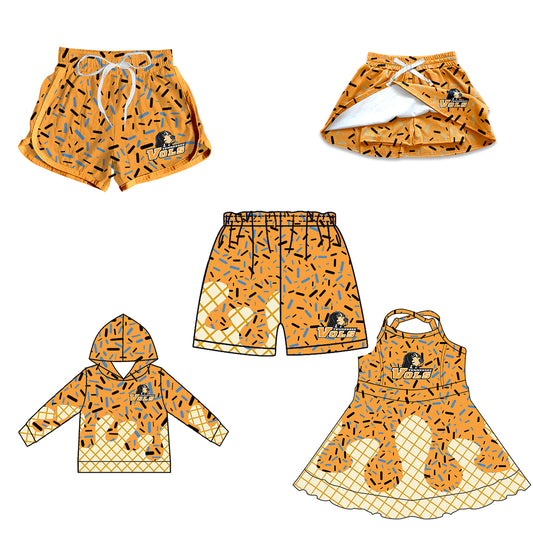 Custom moq 5 mix size milk silk baby girls clothes team orange hooded long sleeve tops and skirt and dress and shorts 1 and shorts 2-25.7.3