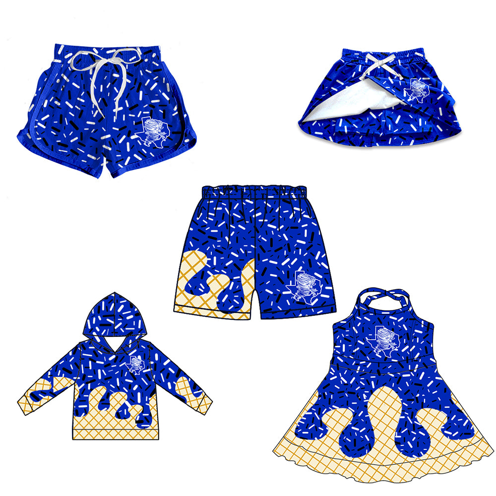 Custom moq 5 mix size milk silk baby girls clothes team blue hooded long sleeve tops and skirt and dress and shorts 1 and shorts 2-25.7.5