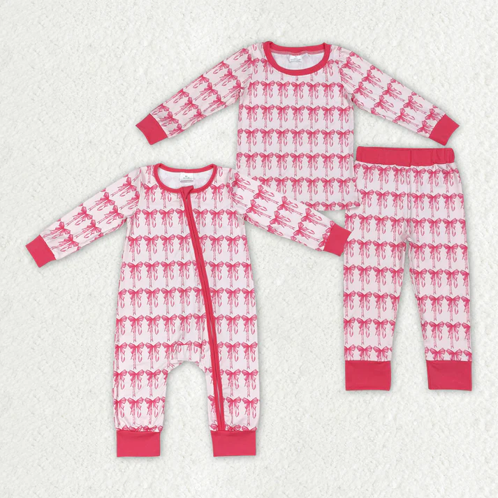 RTS NO MOQ Baby Baby Girls Pink Bows Sibling Sister Rompers Clothes Sets