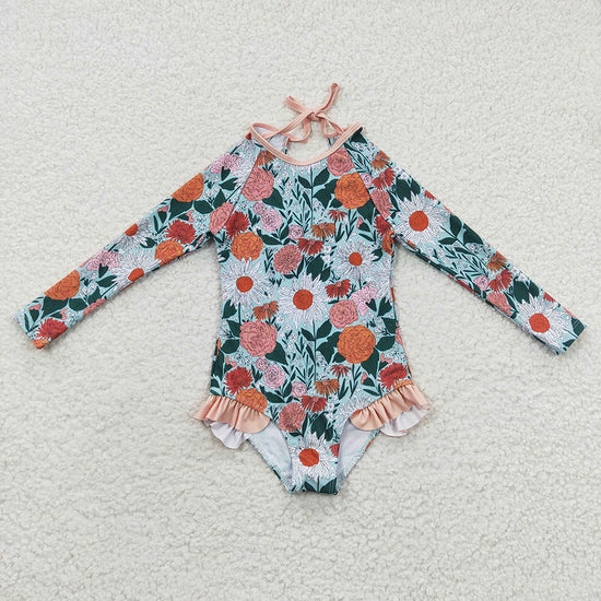 RTS NO MOQ Baby Girls Summer Long Sleeve Flowers One Pieces Swimsuits