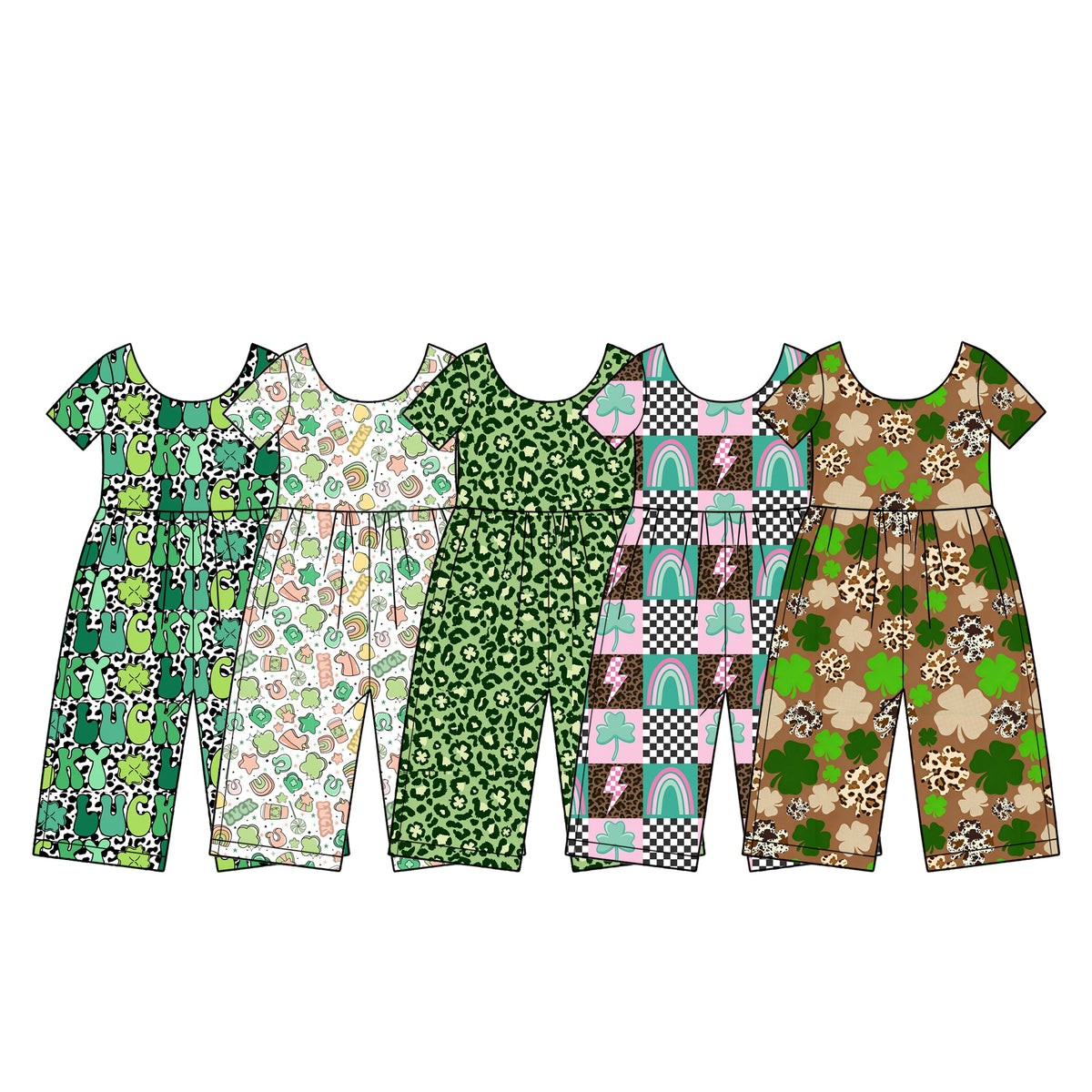 (Preorder new) No moq Baby Girls Green Print Short Sleeve Scoop Neck Wide Leg Jumpsuit