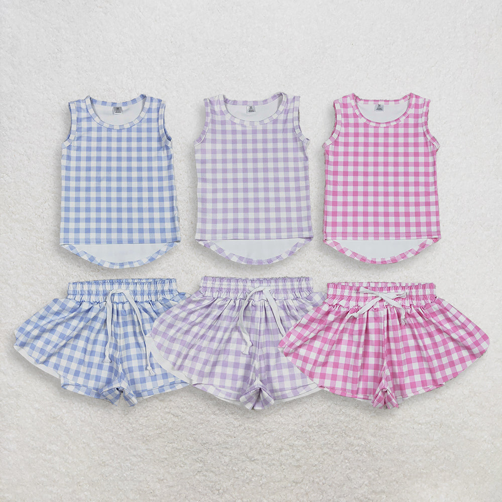 RTS NO MOQ Sibling Baby Girls Checked Vests Top with Butterfly Print Short Yoga Active Clothes Set for Kids