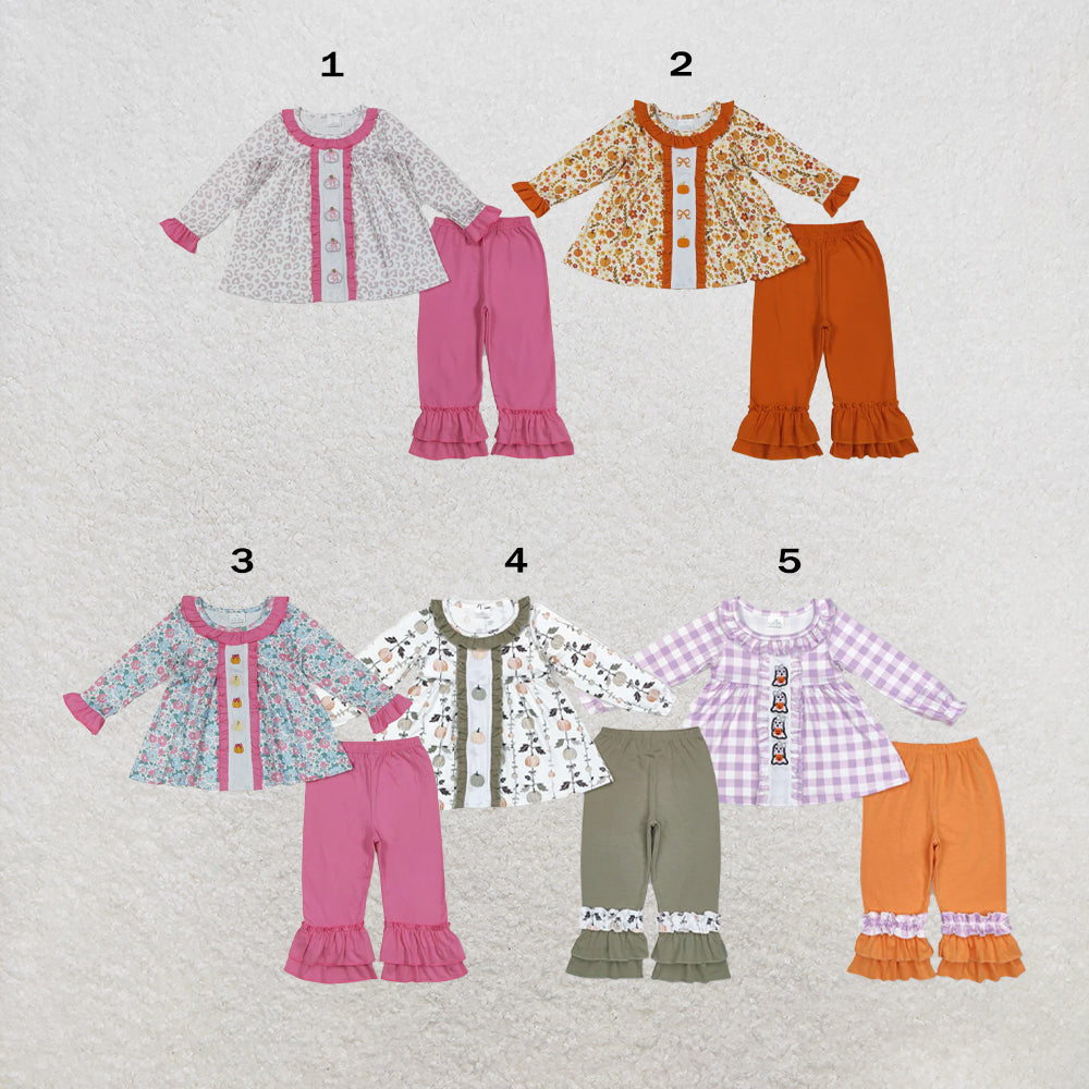RTS NO MOQ Sibling milk silk Baby Girls Embroidery Fall Flowers Bows Pumpkins Loose Tunic Top Ruffle Hem Pants Two Piece Clothes Sets