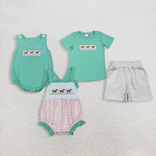 RTS NO MOQ Sibling Baby Boys Girls Embroidery Dogs Top Stripe Pockets Shorts Sets Rompers Cute Clothing for Infants