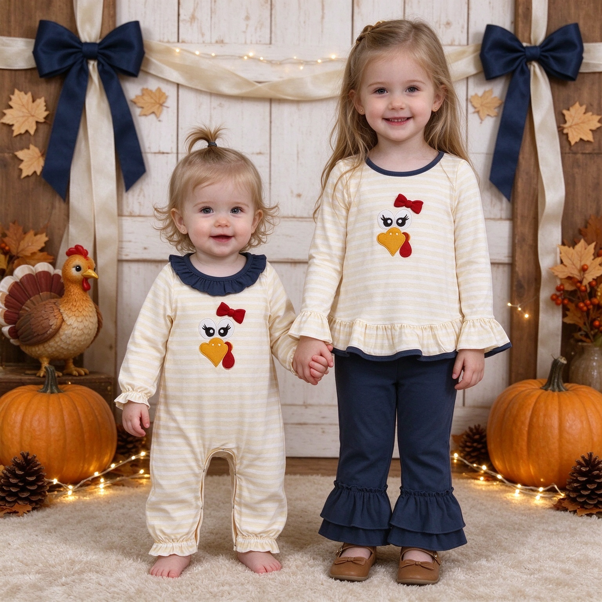 Baby Girls Thanksgiving Bow Turkey Striped Ruffle Romper & Tunic Ruffle Pants Collection