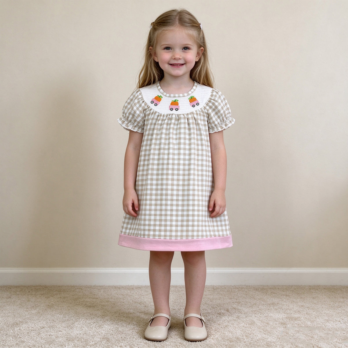 NEW RTS NO MOQ milk silk GSD4258 Smocked Baby Girls Khaki Checked Pumpkins Trucks Fall Short Sleeve Knee Length Dresses(3-6M-7-8T)（副本）