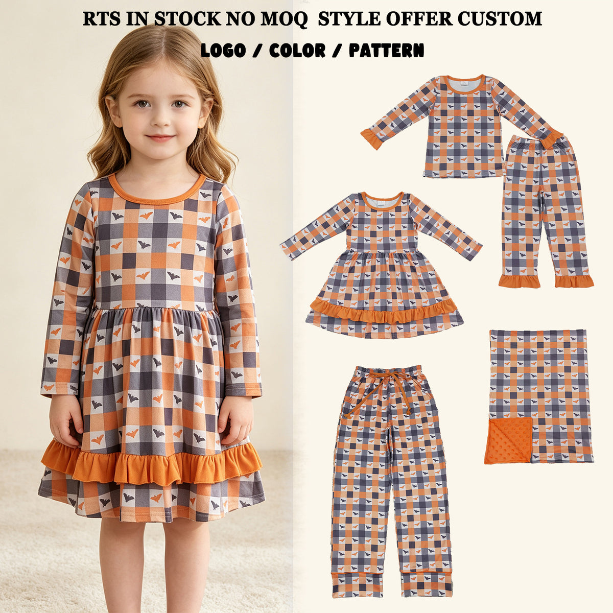 RTS NO MOQ Sibling milk silk Girls Checked Print Long Sleeve Top Pant Halloween Pajama Set Dress Blankets Adult Pants