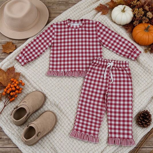 NEW RTS NO MOQ milk silk GLP3675 Baby Girls Long Sleeve Checked Top Pockets Ruffle Pant Clothes Set