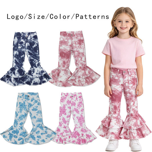 RTS NO MOQ Sibling Denim Baby Girls Tie Dye Print Casual Double Ruffle Bell Bottom Flare Denim Pants