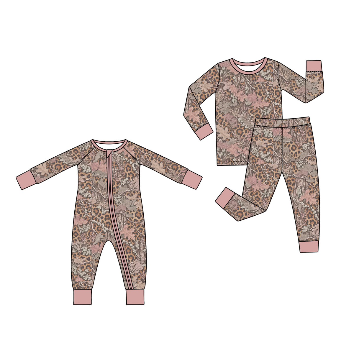 (Preorder new) No moq Baby Girls Camo Leopard Leaf Print Zipper Romper And Long Sleeve Pajama Set