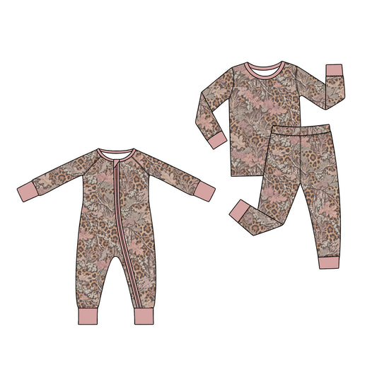 (Preorder new) No moq Baby Girls Camo Leopard Leaf Print Zipper Romper And Long Sleeve Pajama Set