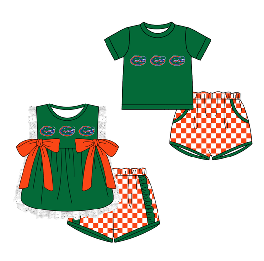 Custom moq 5 mix size milk silk summer teams Green Girl Sleeveless Top And Plaid Shorts Set with Bow Boy Short Sleeved Top And Plaid Shorts Set