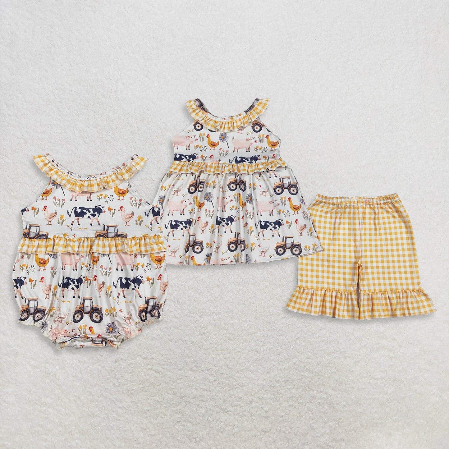 RTS NO MOQ Sibling Baby Girls Cows Trucks Print Sleeveless Tunic Ruffle Shorts Set Collar Ruffle Rompers