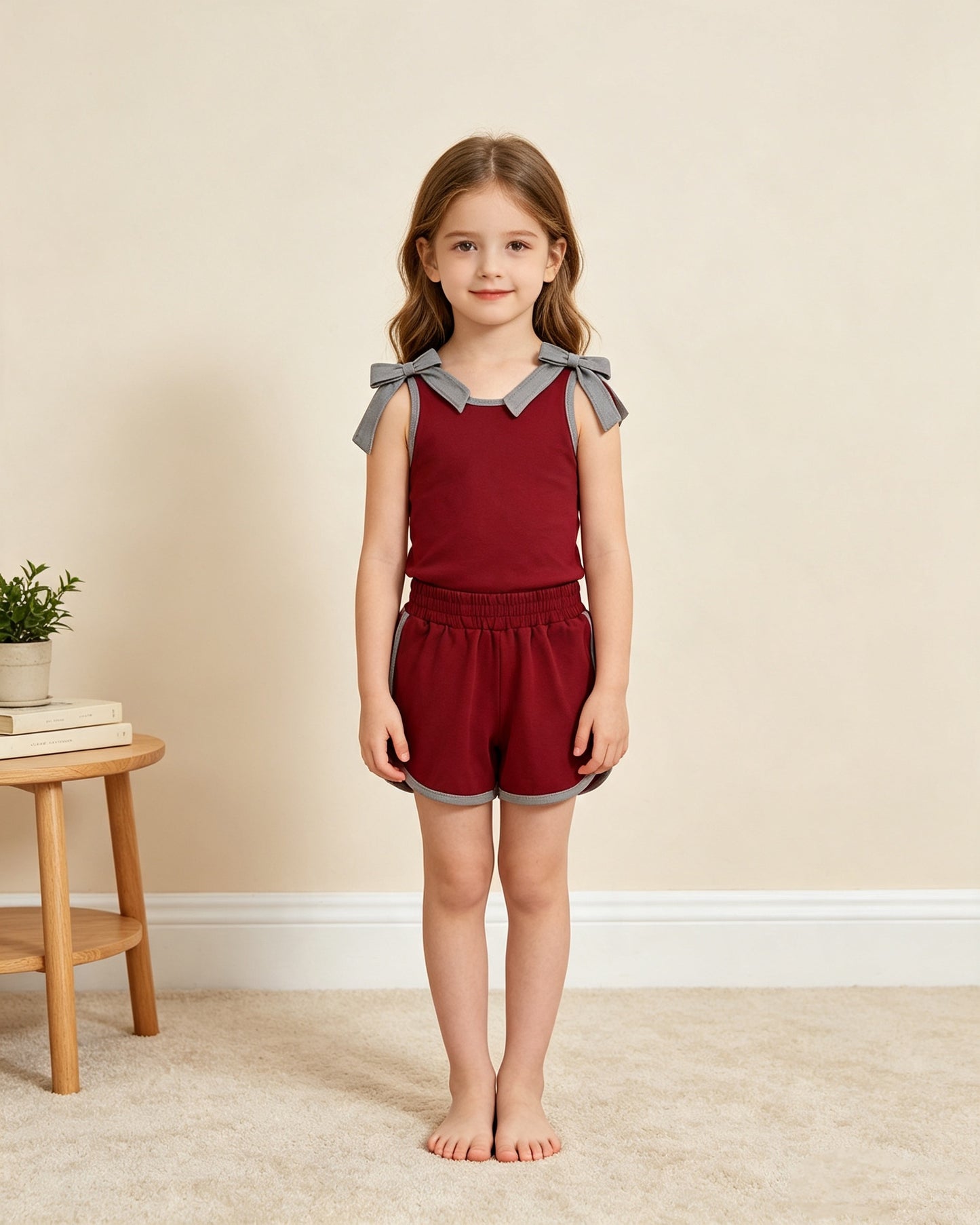 RTS No moq cotton GSSO3820 Baby Girls Grey Bows Maroon Sleeveless Top Short Clothes Sets