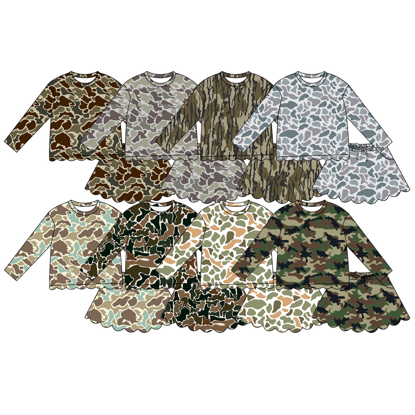 (Pre Order) No moq Baby Girls Casual Camo Long Sleeve Top Scallop Pockets Skirt Shorts Bottom Sets