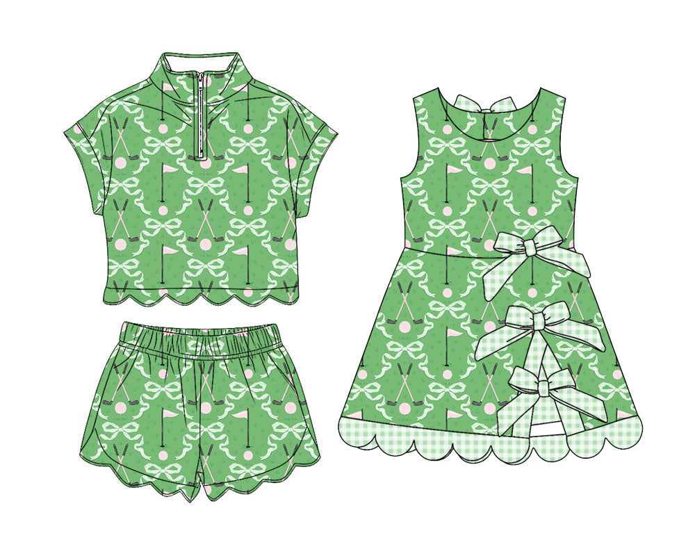 4.13 Custom moq 5 mix size Sibling Baby Girls Green Zipper Top Short Scallop Hunting Sets Yoga Active Scallop Short Knee Length Dress