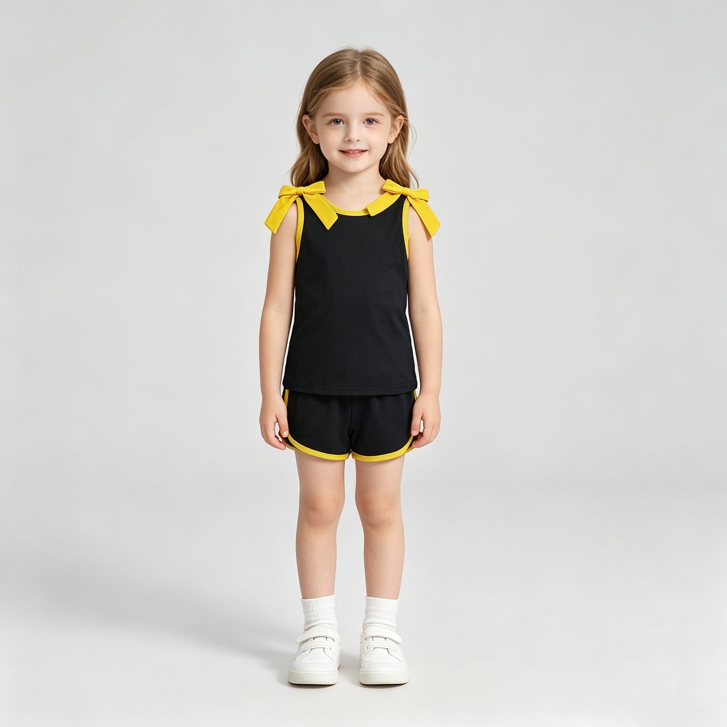 NEW RTS NO MOQ milk silk GSSO3823 Baby Girls Yellow Bows Black Sleeveless Top Short Clothes Sets