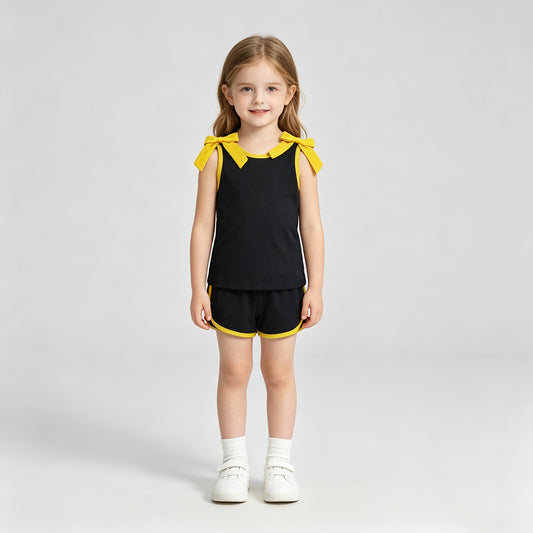 NEW RTS NO MOQ milk silk GSSO3823 Baby Girls Yellow Bows Black Sleeveless Top Short Clothes Sets