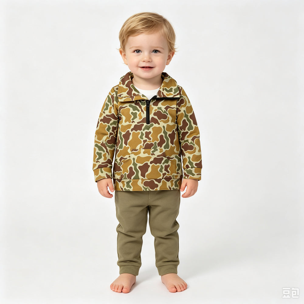 RTS NO MOQ Sibling milk silk Baby Boys Camo Half Zip Collared Long Sleeve Shirt Top