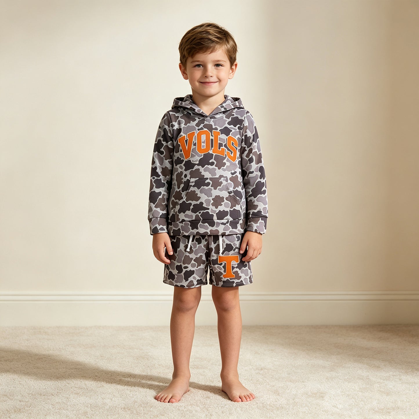 NEW RTS NO MOQ milk silk BLS0049 Baby Boys Camo Letter Print Long Sleeve Hoodie Tops Shorts Team Set