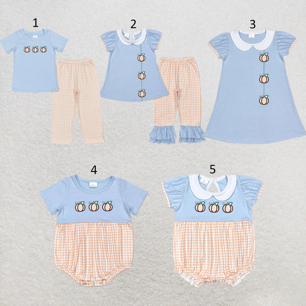 RTS NO MOQ Sibling milk silk Baby Girls And Boys Embroidery Blue Pumpkin Tunic Top Ruffle Hem Pants Two Piece Fall Clothes Sets Dress Rompers