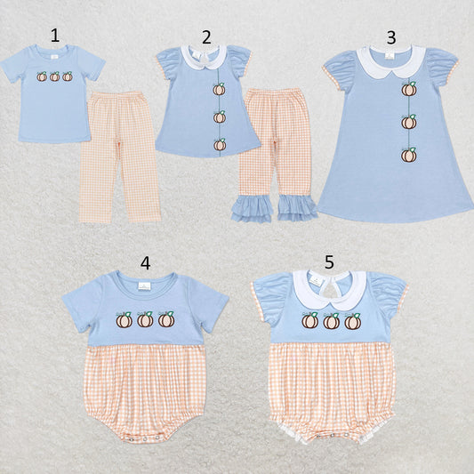 RTS NO MOQ Sibling milk silk Baby Girls And Boys Embroidery Blue Pumpkin Tunic Top Ruffle Hem Pants Two Piece Fall Clothes Sets Dress Rompers