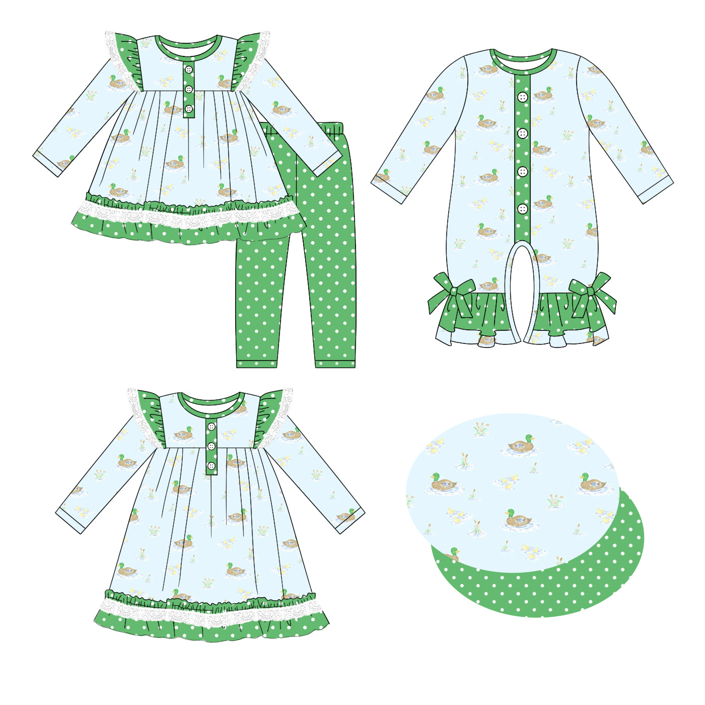 25.5.20 custom each style moq 5eta 4-6week Sibling Sisters duck baby girl long sleeve pants sets and dress and rompers match family design