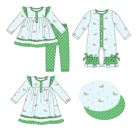 25.5.20 custom each style moq 5eta 4-6week Sibling Sisters duck baby girl long sleeve pants sets and dress and rompers match family design