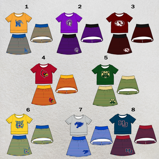 custom moq 5 mix size XY062604 Baby Girls Short Sleeve Top And Striped Skirt Two Piece Fashion Casual Clothes Set