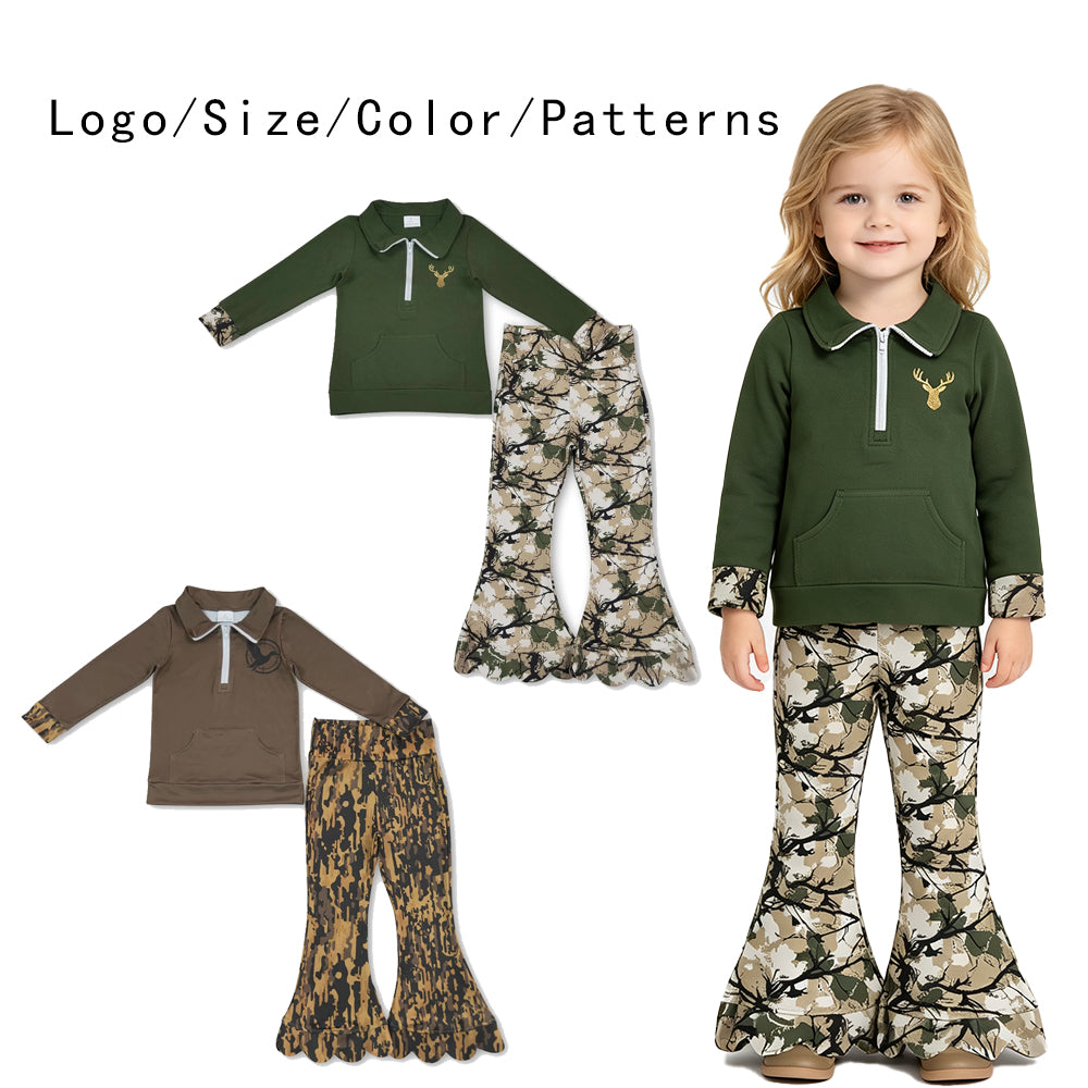 RTS NO MOQ Sibling milk silk Baby Girls Camo Deer Duck Half Zip Pullover And Ruffle Flare Pants Set