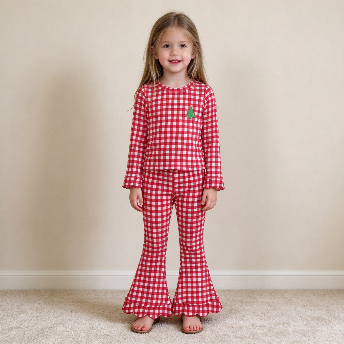 NEW RTS NO MOQ milk silk GLP3590 Embroidery Baby Girls Red Checked Top With Embroidery Santa Scallop Pant Christmas Outfit